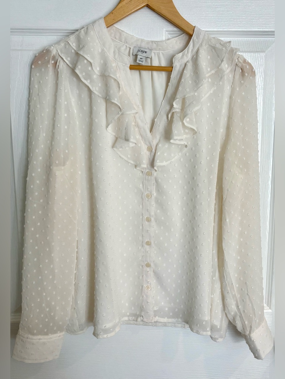 J. Crew Cream Swiss Dot Ruffle V-Neck Button-Front Blouse